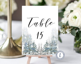 Wedding Table Numbers Sign - Winter Wedding Woodland Forrest Trees - Editable Table Number Template - Printable DIY PDF JPEG File - 5x7