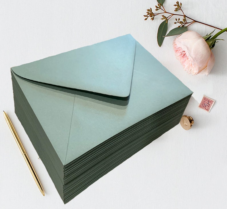 25 Eucalyptus Green Envelopes, 5x7 A7 Pointed Flap Envelopes, Green Wedding Envelopes, Greenery Wedding Invitation Envelope image 2