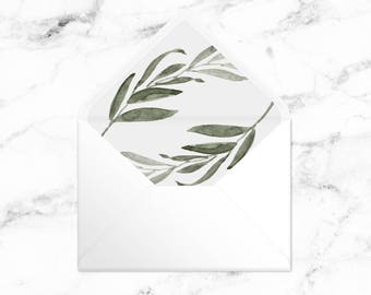 Printable Envelope Liner - Green Watercolor Branch - A7 5x7 Envelope - Printable Instant Download PDF