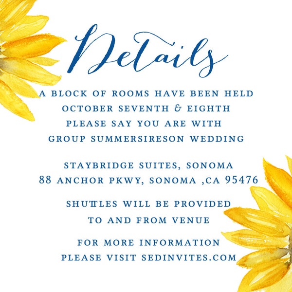 Sunflower Wedding Bridal Shower Insert Details Card - 3.5x5 Insert Card - Printable Card Digital Instant Download - Templett