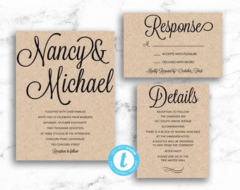 Rustic Kraft Wedding Invitation Suite Modern Script - Printable Template Editable Instant Download Invites Set - PDF or JPEG - DIY Templett