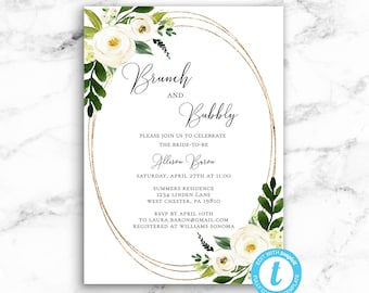 Brunch and Bubbly Bridal Shower Invitation, White Roses, Gold Glitter, Modern Script, Printable Template - Editable Instant Download