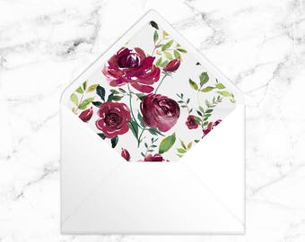 A7 Envelope Liner - Burgundy Flowers - Printable Instant Download PDF - Riley