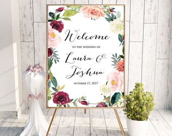 Floral Wedding Welcome Sign Poster,  Reception Sign, Watercolor Flowers, Floral Wreath, Editable Template, Printable Instant Download, Riley