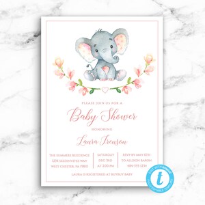 Baby Shower Invitation, Baby Girl Elephant Safari Pink, Printable Editable Instant Download, Templett