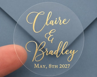 2" Custom Real Foil  Wedding Favor Stickers - Gold - Rose Gold - Silver Personalized Clear Favor Sticker Envelope Seals 20 per sheet
