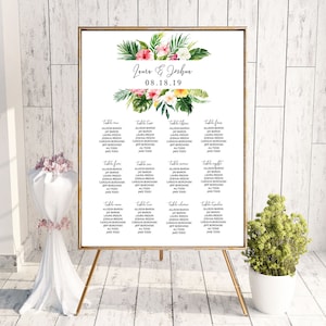 May include: A wedding seating chart with a tropical theme. The chart is printed on white paper and features a floral design with pink and yellow flowers. The names of the guests are listed under each table number.