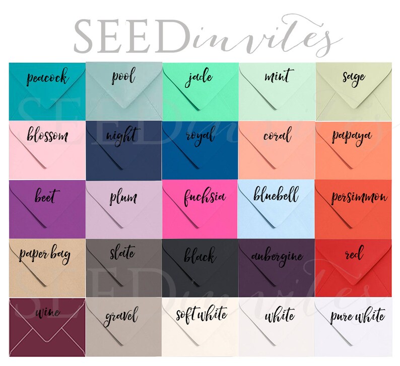 Pode incluir: Um gr&aacute;fico de 25 envelopes de cores diferentes com o nome da cor escrito em preto em cada envelope. As cores incluem pav&atilde;o, piscina, jade, menta, s&aacute;lvia, flor, noite, real, coral, papaia, beterraba, ameixa, f&uacute;csia, sininho, caqui, saco de papel, ard&oacute;sia, preto, berinjela, vermelho, vinho, cascalho, branco suave, branco e branco puro.