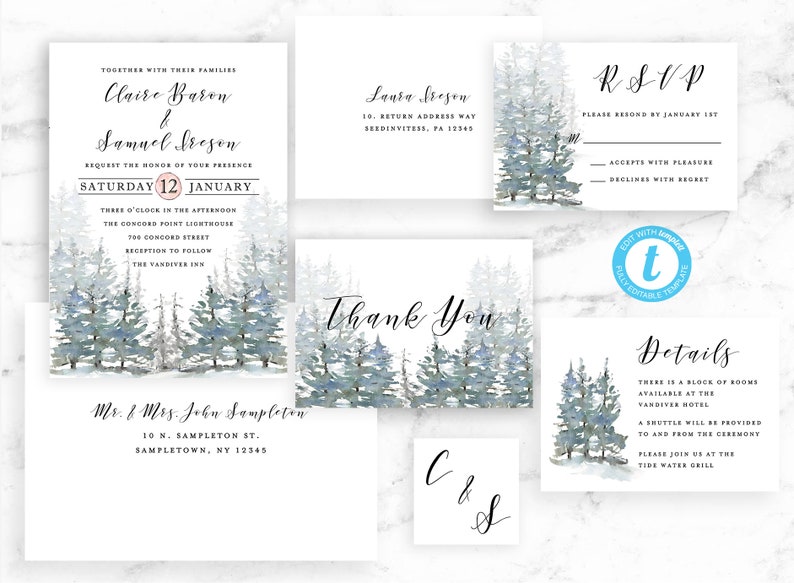 Winter Wedding Invitation Suite Forrest Woodland Envelope Address Set Winter Evergreen Pine Trees Printable Template Editable