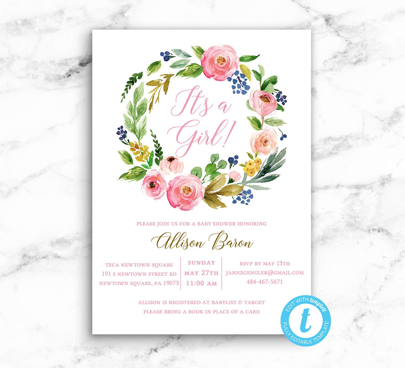 Its A Girl Baby Shower Invitation - Pink Colorful Roses Wreath Floral ...