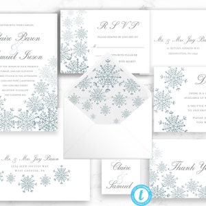 Snowflake Wedding Invitation template, Winter Wedding Invite, Printable Template Editable Download image 1