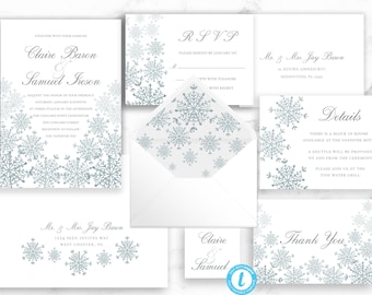 Snowflake Wedding Invitation template, Winter Wedding Invite, Printable Template - Editable Download