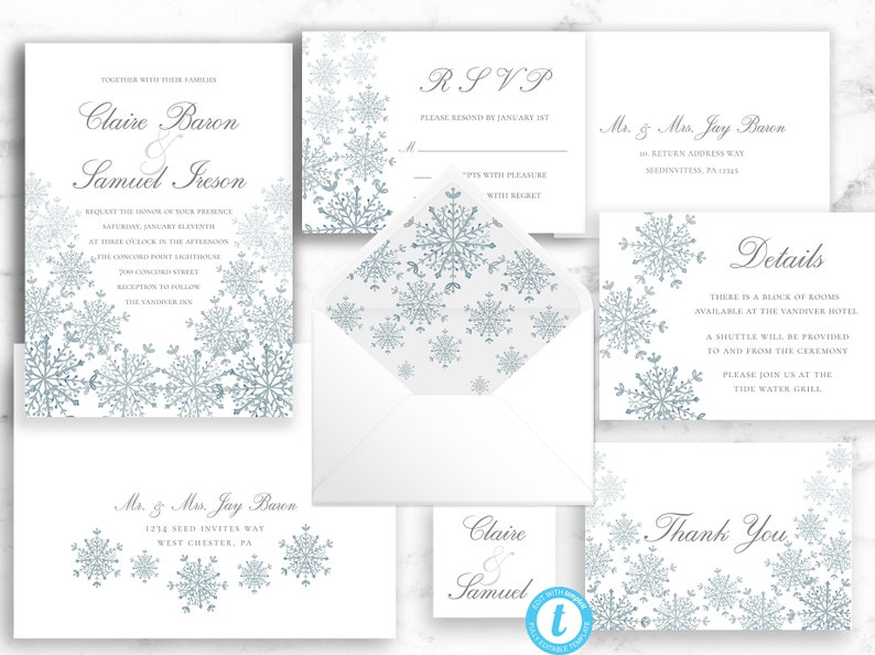 Snowflake Wedding Invitation template, Winter Wedding Invite, Printable Template Editable Download image 1