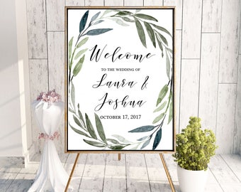 Watercolor Wreath Wedding Welcome Sign Poster - Modern Wreath Script Calligraphy - Editable Template - Printable DIY PDF JPEG File - Waterco