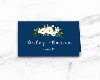 Wedding Printable Place Cards - Seating Cards - White Flower Navy - Editable Template - Printable DIY PDF JPEG File - 3.5x2