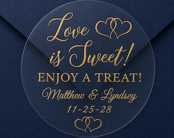 2" Gold Foil Wedding Sticker - Love Is Sweet Heart Design - Gold Personalized Clear Favor Sticker - 20 Labels - Wedding Favor Sticker