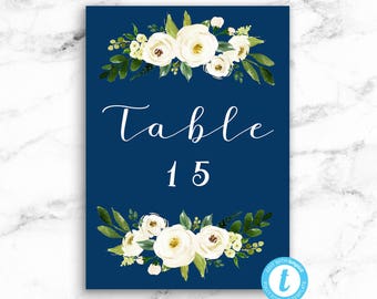 Navy Wedding Table Numbers Sign - White Flower Navy - Editable Template - Printable DIY PDF JPEG File - 5x7