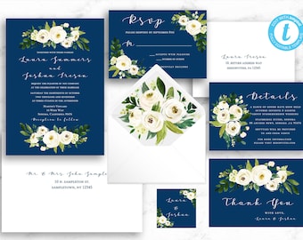 Navy Wedding Invitation Suite, Printable Invite, Instant Download, White Flowers, Editable Text, Templett DIY, Envelope Liner & Addressing