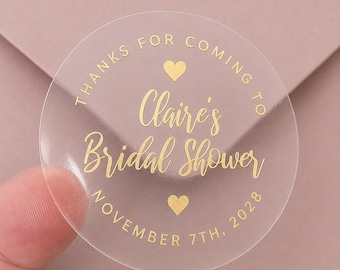2" Custom Real Foil Bridal Shower Favor Stickers - Gold - Rose Gold - Silver Personalized Clear Favor Sticker Envelope Seals 20 per sheet