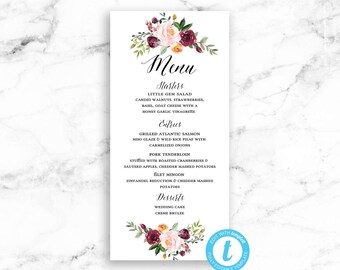 Wedding Menu Card Printable Download - Pink Red Flower Editable Template - DIY PDF JPEG File - Riley Floral