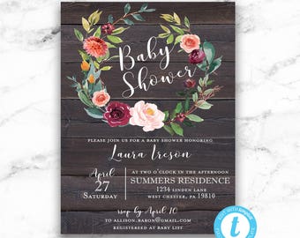 Rustic Wreath Baby Shower Invitation - Burgundy Pink Flowers - Printable Editable Instant Download JPEG PDF - Riley Floral