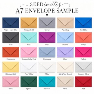 May include: A grid of twenty-five A7 envelopes in various colors, including navy, gold, gray, blue, slate, teal, purple, pink, orange, white, silver, and red. The text at the top reads SEEDinvites A7 ENVELOPE SAMPLE, with each color labeled below.