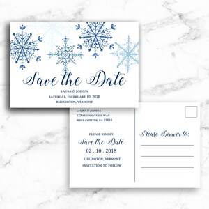 Cartolina Save the Date Cartolina Fiocchi di neve blu - Modello modificabile stampabile Download immediato JPEG PDF