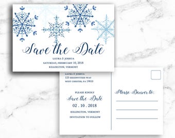 Save the Date Postcard Post Card Blue Snowflakes - Printable Editable Template Instant Download JPEG PDF
