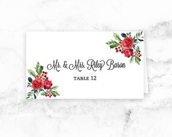 Wedding Printable Place Cards - Seating Cards - Winter Holly Red Green - Editable Template - Printable DIY PDF JPEG File - 3.5x2