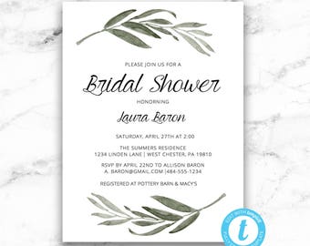 Greenery Bridal Shower Invitation Printable Greenery Invite Template  - Editable Instant JPEG PDF Download
