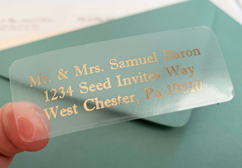 Guest or Return Address Labels, Clear Gold Foil Labels, Calligraphy Address Printing, Envelope Addressing, Printed Mailing Labels 2 5/8 x 1 image 2