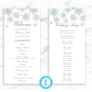 Puede incluir: Un programa de ceremonia de boda con un diseño de copo de nieve. El programa incluye el orden de los eventos de la ceremonia y una lista de los miembros de la fiesta de bodas. El texto del programa dice: "Bienvenido a la boda de Laura & Josh 8 de enero de 2017 Ceremonia Preludio Asignación de asientos de las familias Procesión Novia Oración de apertura Acompañada por Martin Summers (padre de la novia) Lectura de poesía Mensaje por Trish Tate (tía del novio) Intercambio de votos Oraciones de cierre Anuncio del matrimonio Recesión Fiesta de bodas Padres de la novia Janne & Richard Gengler Padres del novio Allison & Jay Baron Dama de honor Carolyn Summers  Padrino de honor Jeff Baron Damas de honor Ali Morgan Allison Baron Rachel Summers Laura Ireson  Padrinos de boda Jay Baron Edward Baron Jake Todd Josie Summers  Portador de anillos Riley Baron  Damita de honor Hazel Gengler"