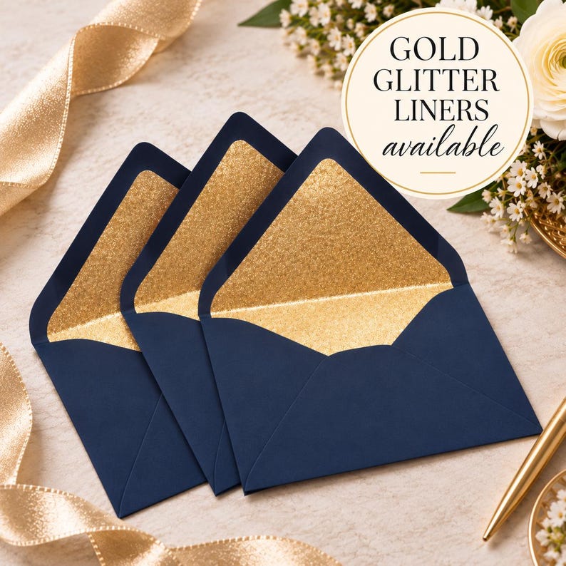Pu&ograve; includere: Tre buste blu navy con lembi a punta, ciascuna dotata di una fodera interna con glitter dorati scintillanti. Un badge circolare bianco nell'angolo in alto a destra mostra il testo nero GOLD GLITTER LINERS available in carattere serif e script.