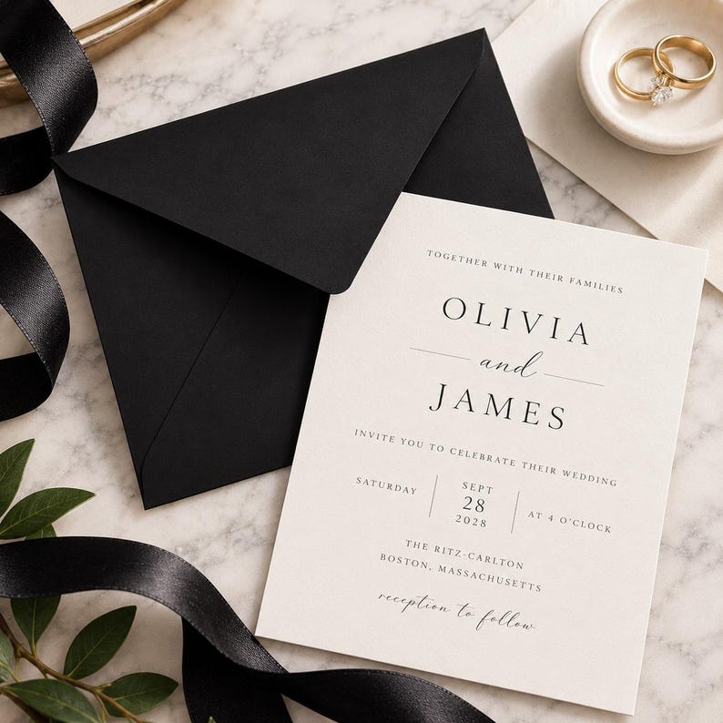 Pu&ograve; includere: Un invito di nozze color crema con testo nero in carattere serif che recita Olivia and James, abbinato a una busta nera opaca. L'invito riporta la data del 28 settembre 2028 presso il Ritz-Carlton di Boston, Massachusetts.