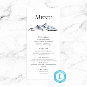 Wedding Menu Card - Watercolor Mountain - Editable Template - Printable DIY PDF JPEG File