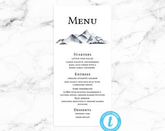 Wedding Menu Card - Watercolor Mountain - Editable Template - Printable DIY PDF JPEG File