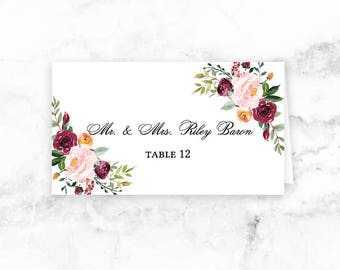 Wedding Printable Place Cards - Seating Cards - Pink Red Floral - Editable Template - Printable DIY PDF JPEG File - 3.5x2 - Riley Floral