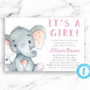 Girl Elephant Baby Shower Invitation, Elephant Girl Invite, Its A Girl Pink Elephant, Printable Editable Instant Download 5x7 - Templett