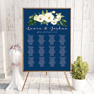 Marineblauw bloemen bruiloft zitplaatsen grafiek teken poster - witte bloem marineblauw - bewerkbare sjabloon - afdrukbare DIY PDF JPEG-bestand - 18 x 24 of 24 x 36