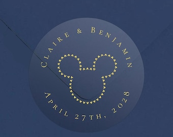 Disney Wedding Favor Sticker - Gold Foil Mickey Ears - Clear Sticker Save the Date Sticker -20 Labels