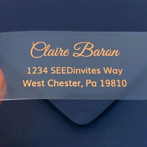 Foil Return Address Labels, Clear Gold Foil Labels, Calligraphy Printing, Envelope Addressing, Printed Mailing Labels 2 5/8” x 1