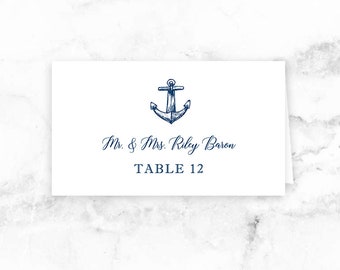 Nautical Wedding Printable Place Cards - Seating Cards - Blue Nautical Anchor - Editable Template - Printable DIY PDF JPEG File - 3.5x2