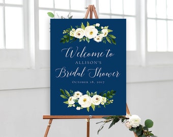 Bridal Shower Welcome Sign Poster - Navy White Flower Gold - Editable Template - Printable DIY PDF JPEG File - 18x24 or 24x36