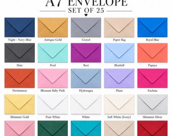 A7 Envelopes Set of 25, Colored Envelopes for 5x7 Invitations, Wedding Invitation Envelopes, RSVP, Save the Date, Many Colors