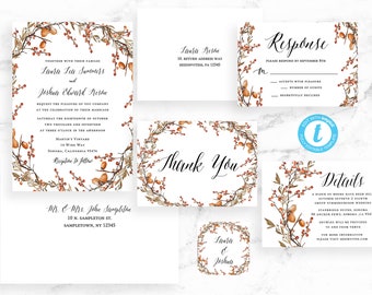 Fall Wedding Invitation Suite - Fall Branch Leaves Envelope Address Set - Fall Branch Wreath - Printable Template - Editable Instant Downloa