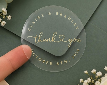 Étiquettes autocollantes de remerciement de mariage personnalisées, étiquettes de remerciement dorées à la feuille d'or, sceaux transparents personnalisés pour enveloppes avec nom et date