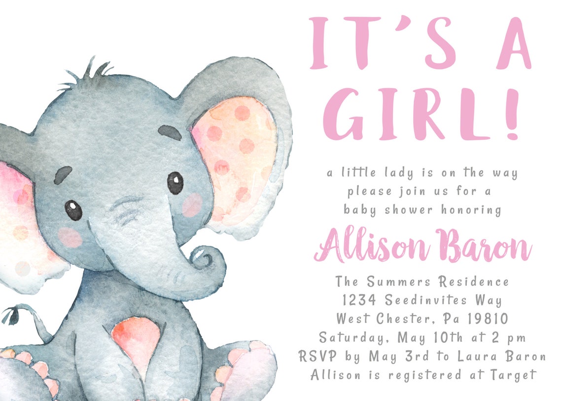 baby-shower-invitation-elephant-girl-invite-its-a-girl-pink-etsy