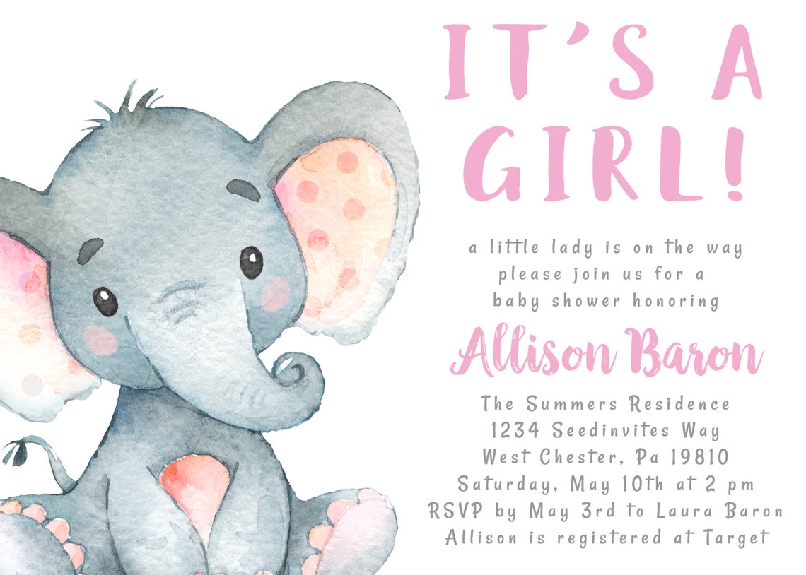 Baby Shower Invitation Elephant Girl Invite Its A Girl Pink Etsy