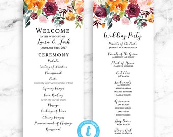 Wedding Program Ceremony Printable Template - Riley Maroon Orange Floral - Editable Template - Printable DIY PDF JPEG File