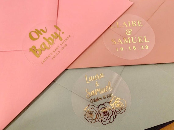 Custom Wedding Envelope Seals, Personalized Gold Stickers for Invitations,  Silver and Rose Foiled Favor Stickers for Gift Bags, Wedding Favors for